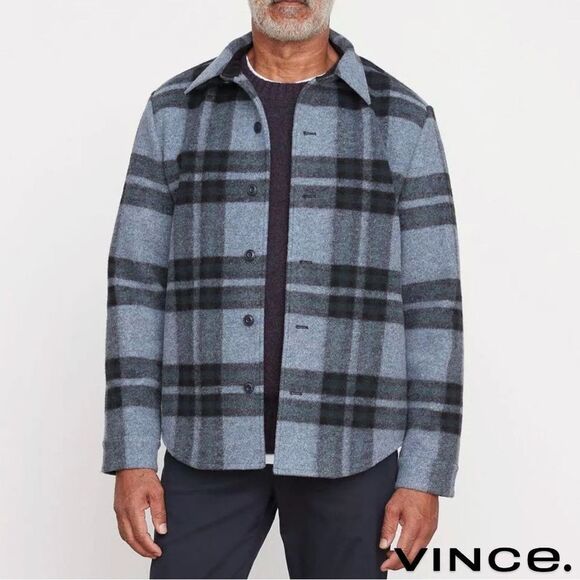 Vince **NWT** Heavy Knit Brushed Flannel Plaid Shirt Jacket in Heather Blue Grey - Picture 14 of 16